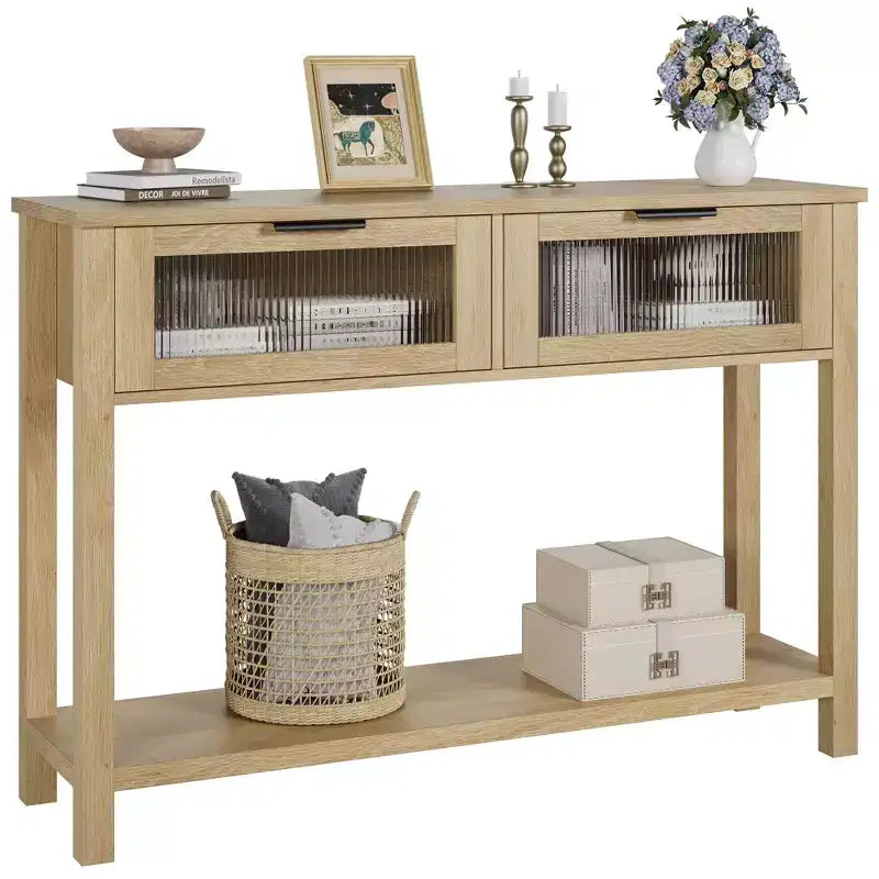 Tavolino consolle da 109 cm, Tavolino doppio per divano con contenitore, Tavolino da buffet in legno, Tavolino da ingresso con 2 cassetti in vetro per ingresso, corridoio, soggiorno