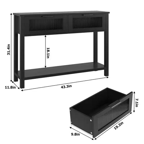Tavolino consolle da 109 cm, Tavolino doppio per divano con contenitore, Tavolino da buffet in legno, Tavolino da ingresso con 2 cassetti in vetro per ingresso, corridoio, soggiorno