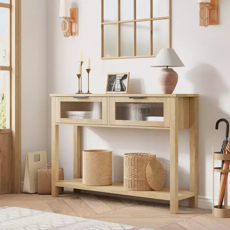 Tavolino consolle da 109 cm, Tavolino doppio per divano con contenitore, Tavolino da buffet in legno, Tavolino da ingresso con 2 cassetti in vetro per ingresso, corridoio, soggiorno