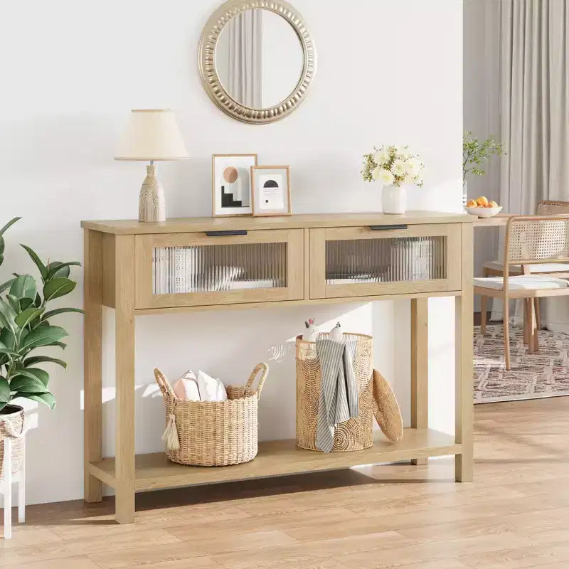 Tavolino consolle da 109 cm, Tavolino doppio per divano con contenitore, Tavolino da buffet in legno, Tavolino da ingresso con 2 cassetti in vetro per ingresso, corridoio, soggiorno