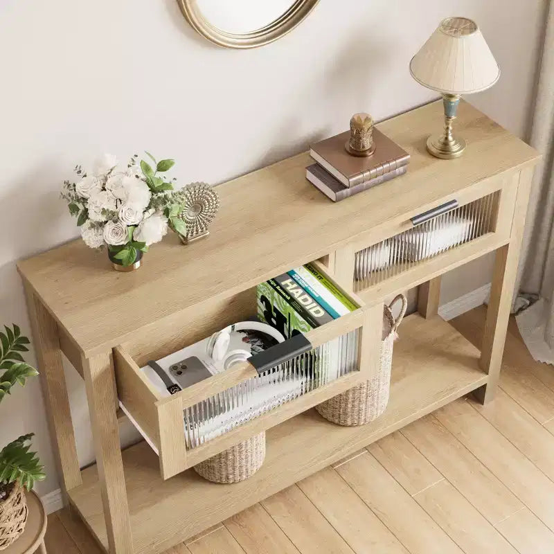 Tavolino consolle da 109 cm, Tavolino doppio per divano con contenitore, Tavolino da buffet in legno, Tavolino da ingresso con 2 cassetti in vetro per ingresso, corridoio, soggiorno