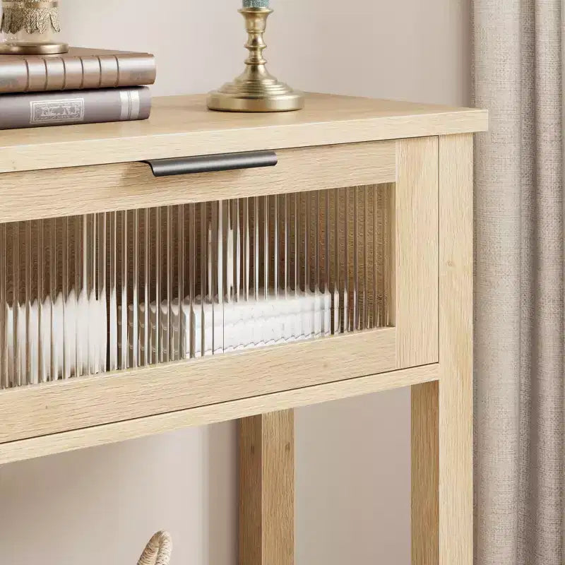 Tavolino consolle da 109 cm, Tavolino doppio per divano con contenitore, Tavolino da buffet in legno, Tavolino da ingresso con 2 cassetti in vetro per ingresso, corridoio, soggiorno