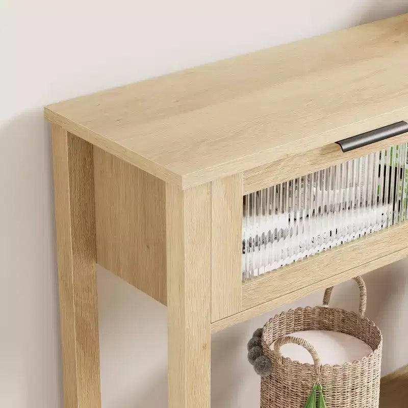 Tavolino consolle da 109 cm, Tavolino doppio per divano con contenitore, Tavolino da buffet in legno, Tavolino da ingresso con 2 cassetti in vetro per ingresso, corridoio, soggiorno