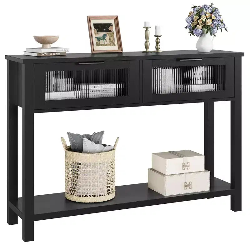 Tavolino consolle da 109 cm, Tavolino doppio per divano con contenitore, Tavolino da buffet in legno, Tavolino da ingresso con 2 cassetti in vetro per ingresso, corridoio, soggiorno