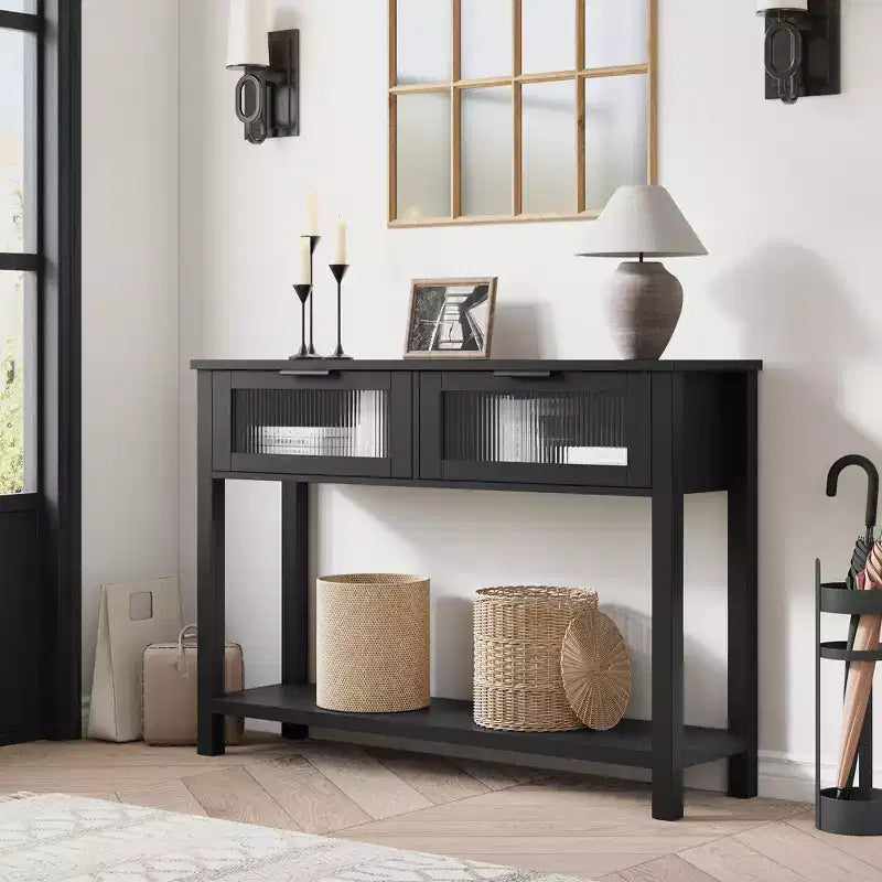 Tavolino consolle da 109 cm, Tavolino doppio per divano con contenitore, Tavolino da buffet in legno, Tavolino da ingresso con 2 cassetti in vetro per ingresso, corridoio, soggiorno