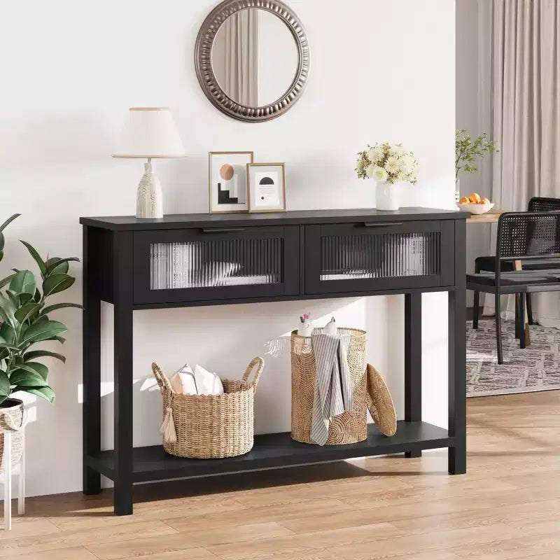 Tavolino consolle da 109 cm, Tavolino doppio per divano con contenitore, Tavolino da buffet in legno, Tavolino da ingresso con 2 cassetti in vetro per ingresso, corridoio, soggiorno