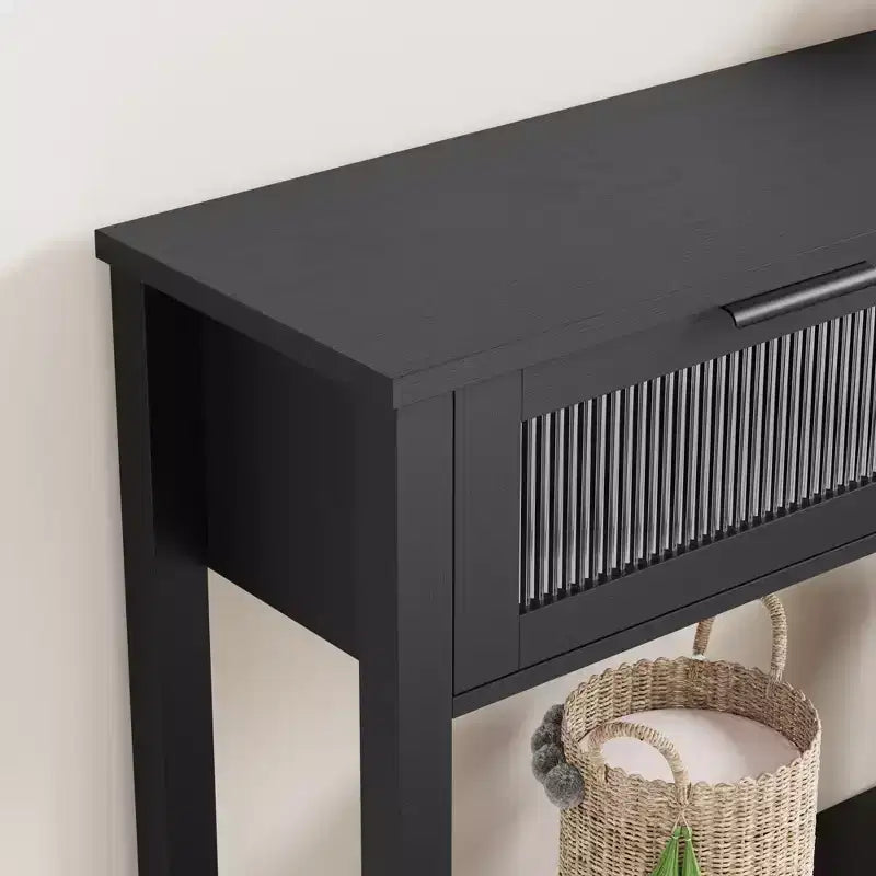 Tavolino consolle da 109 cm, Tavolino doppio per divano con contenitore, Tavolino da buffet in legno, Tavolino da ingresso con 2 cassetti in vetro per ingresso, corridoio, soggiorno