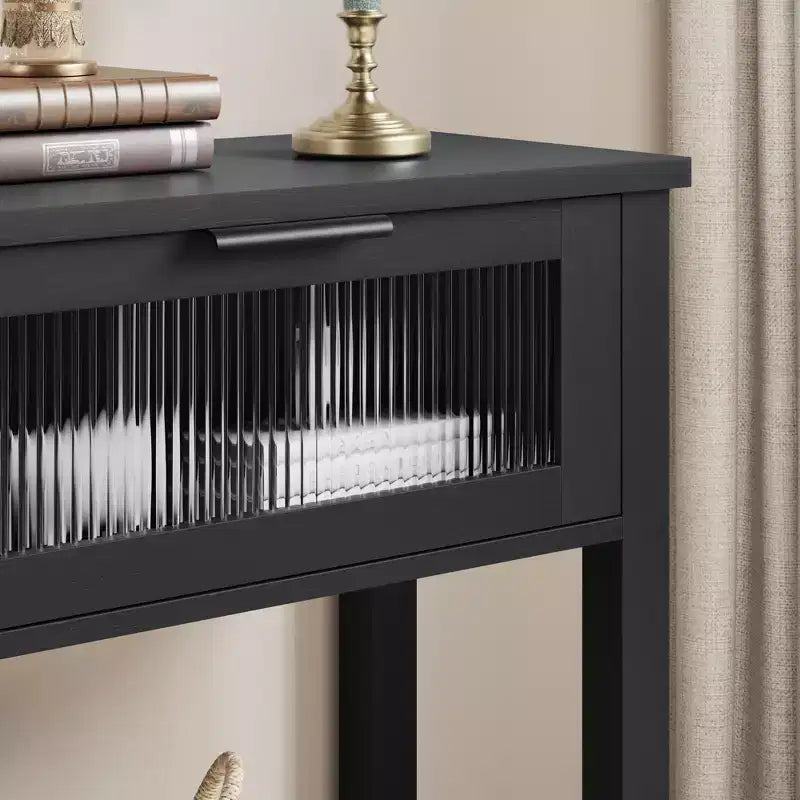 Tavolino consolle da 109 cm, Tavolino doppio per divano con contenitore, Tavolino da buffet in legno, Tavolino da ingresso con 2 cassetti in vetro per ingresso, corridoio, soggiorno