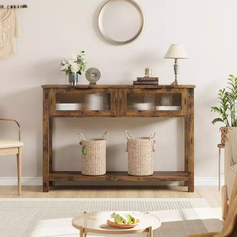 Tavolino consolle da 109 cm, Tavolino doppio per divano con contenitore, Tavolino da buffet in legno, Tavolino da ingresso con 2 cassetti in vetro per ingresso, corridoio, soggiorno