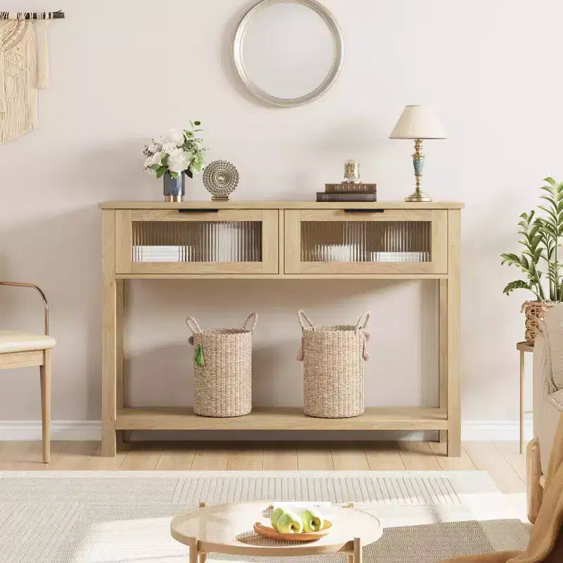 Tavolino consolle da 109 cm, Tavolino doppio per divano con contenitore, Tavolino da buffet in legno, Tavolino da ingresso con 2 cassetti in vetro per ingresso, corridoio, soggiorno