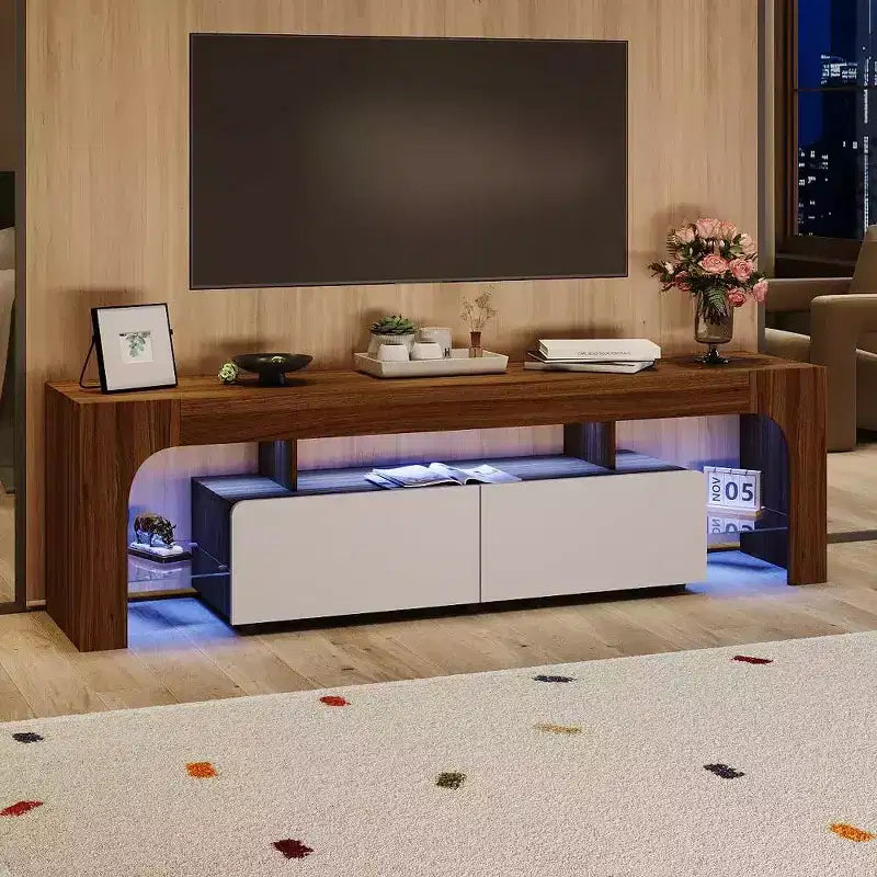 Mobile TV Moderno con Ampio Cassetto Contenitore per TV Fino a 70 Pollici, Mobile TV in Legno Stile Fattoria con Centro di Intrattenimento Lucido per Soggiorno, Camera da Letto