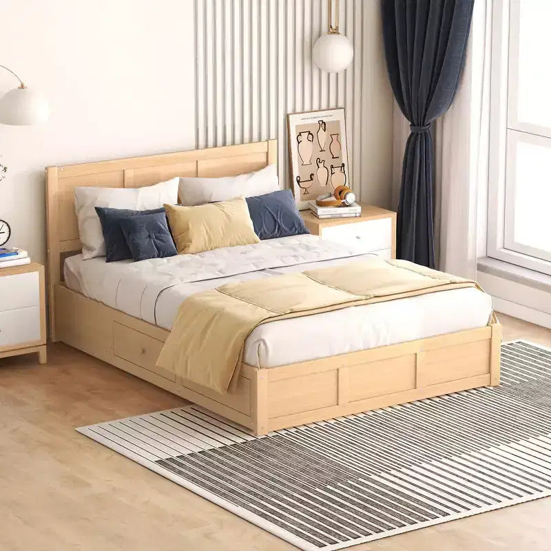 Giroletto a piattaforma con contenitore, Giroletto a piattaforma in legno con 2 cassetti, Naturale