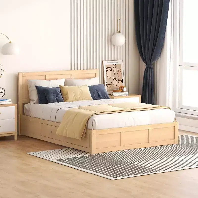 Giroletto a piattaforma con contenitore, Giroletto a piattaforma in legno con 2 cassetti, Naturale