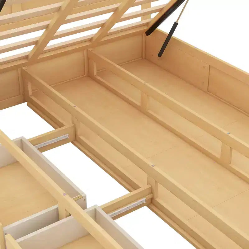 Giroletto a piattaforma con contenitore, Giroletto a piattaforma in legno con 2 cassetti, Naturale
