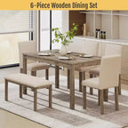 Set da pranzo Zevemomo 6 pezzi in legno massello con 1 tavolo, 4 sedie imbottite e 1 panca, set da pranzo con gambe in legno per sala da pranzo, cucina, ristorante, marrone