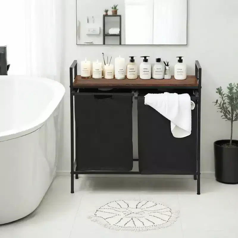 Cesto Portabiancheria FurnitureR con 2 Scomparti e Ripiano, Separatore Lavanderia a 2 Scomparti con Sacchi Rimovibili e Piano in Legno, Cesto Portabiancheria Largo 73 cm