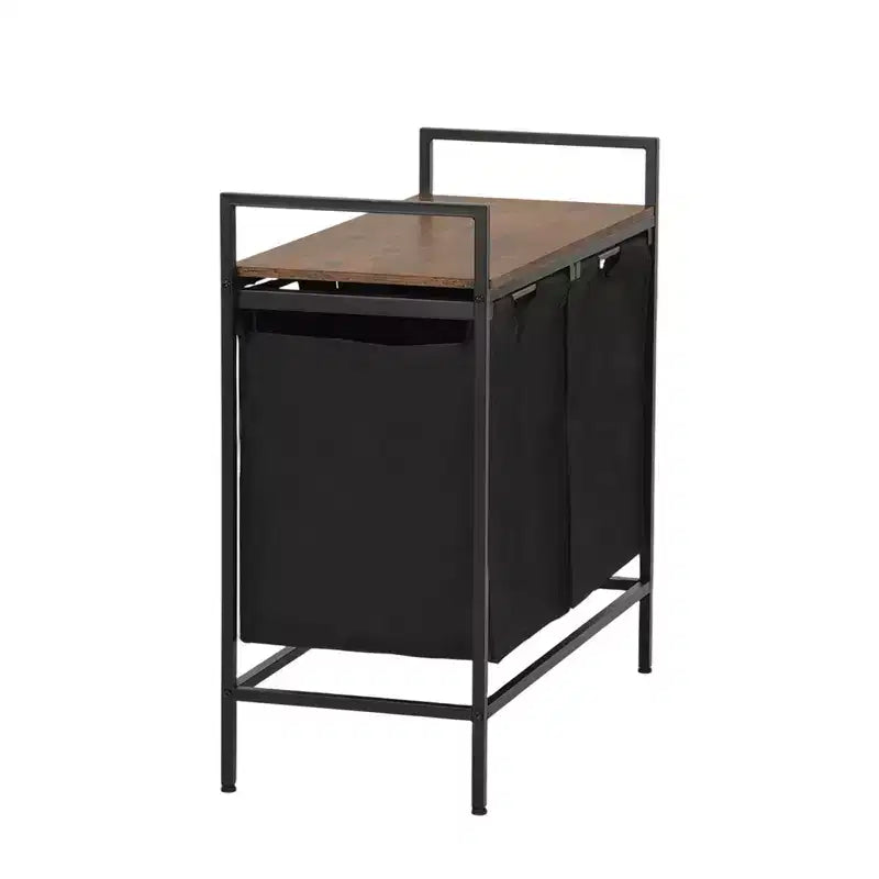 Cesto Portabiancheria FurnitureR con 2 Scomparti e Ripiano, Separatore Lavanderia a 2 Scomparti con Sacchi Rimovibili e Piano in Legno, Cesto Portabiancheria Largo 73 cm