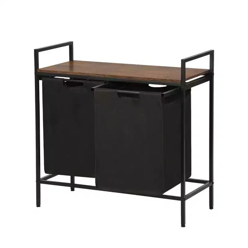 Cesto Portabiancheria FurnitureR con 2 Scomparti e Ripiano, Separatore Lavanderia a 2 Scomparti con Sacchi Rimovibili e Piano in Legno, Cesto Portabiancheria Largo 73 cm