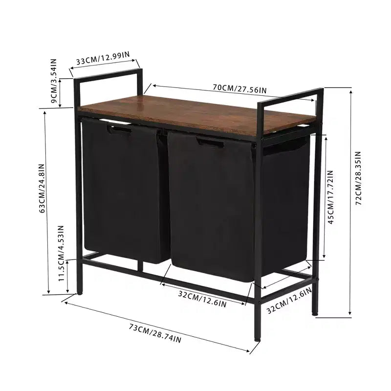 Cesto Portabiancheria FurnitureR con 2 Scomparti e Ripiano, Separatore Lavanderia a 2 Scomparti con Sacchi Rimovibili e Piano in Legno, Cesto Portabiancheria Largo 73 cm