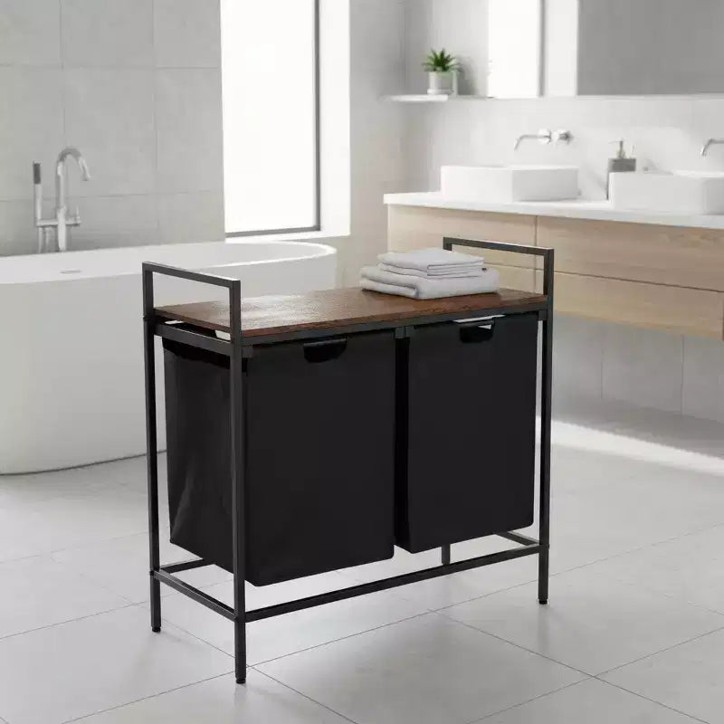 Cesto Portabiancheria FurnitureR con 2 Scomparti e Ripiano, Separatore Lavanderia a 2 Scomparti con Sacchi Rimovibili e Piano in Legno, Cesto Portabiancheria Largo 73 cm