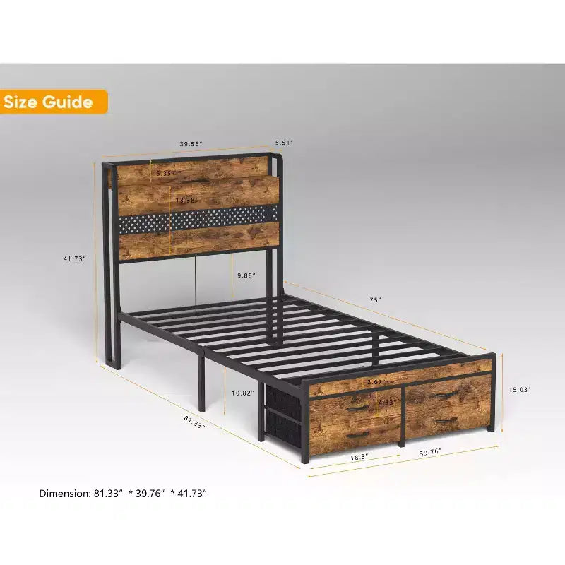 Letto a piattaforma in legno Okak, dimensioni singolo, con vano portaoggetti e testiera, moderno telaio letto piccolo per camera da letto, cameretta bambini