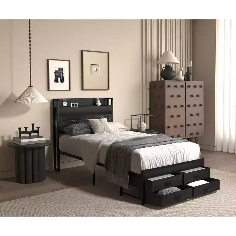 Letto a piattaforma in legno Okak, dimensioni singolo, con vano portaoggetti e testiera, moderno telaio letto piccolo per camera da letto, cameretta bambini
