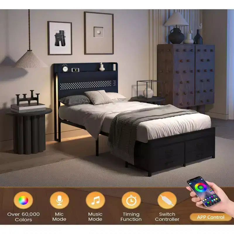 Letto a piattaforma in legno Okak, dimensioni singolo, con vano portaoggetti e testiera, moderno telaio letto piccolo per camera da letto, cameretta bambini
