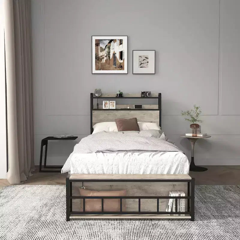Letto a piattaforma in legno Okak, dimensioni singolo, con vano portaoggetti e testiera, moderno telaio letto piccolo per camera da letto, cameretta bambini