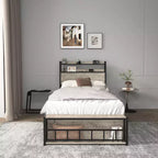 Letto a piattaforma in legno Okak, dimensioni singolo, con vano portaoggetti e testiera, moderno telaio letto piccolo per camera da letto, cameretta bambini