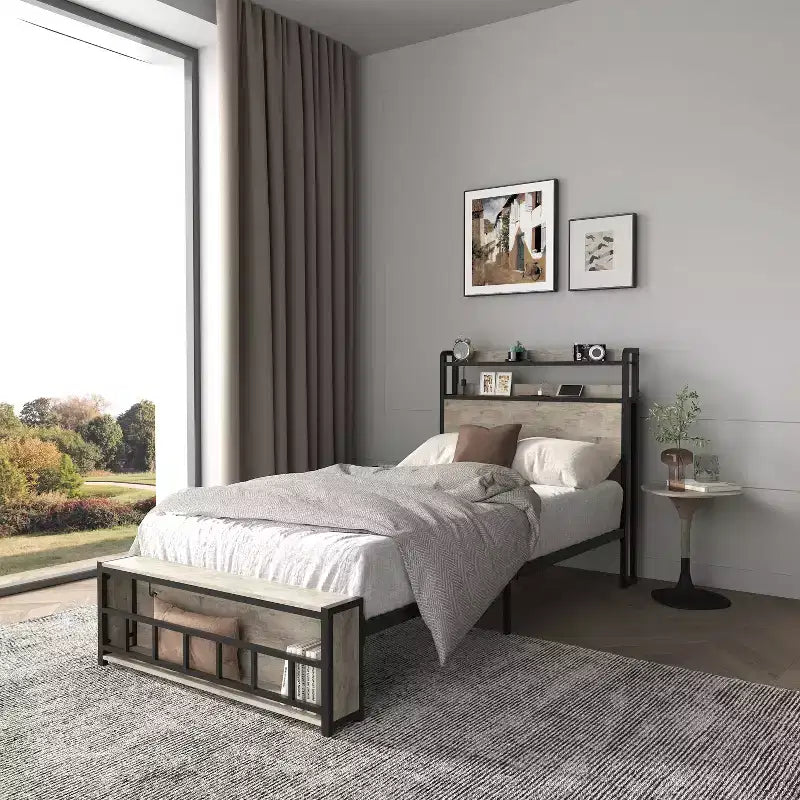 Letto a piattaforma in legno Okak, dimensioni singolo, con vano portaoggetti e testiera, moderno telaio letto piccolo per camera da letto, cameretta bambini