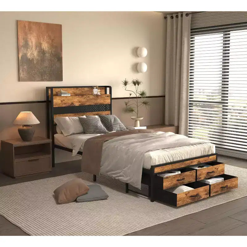 Letto a piattaforma in legno Okak, dimensioni singolo, con vano portaoggetti e testiera, moderno telaio letto piccolo per camera da letto, cameretta bambini
