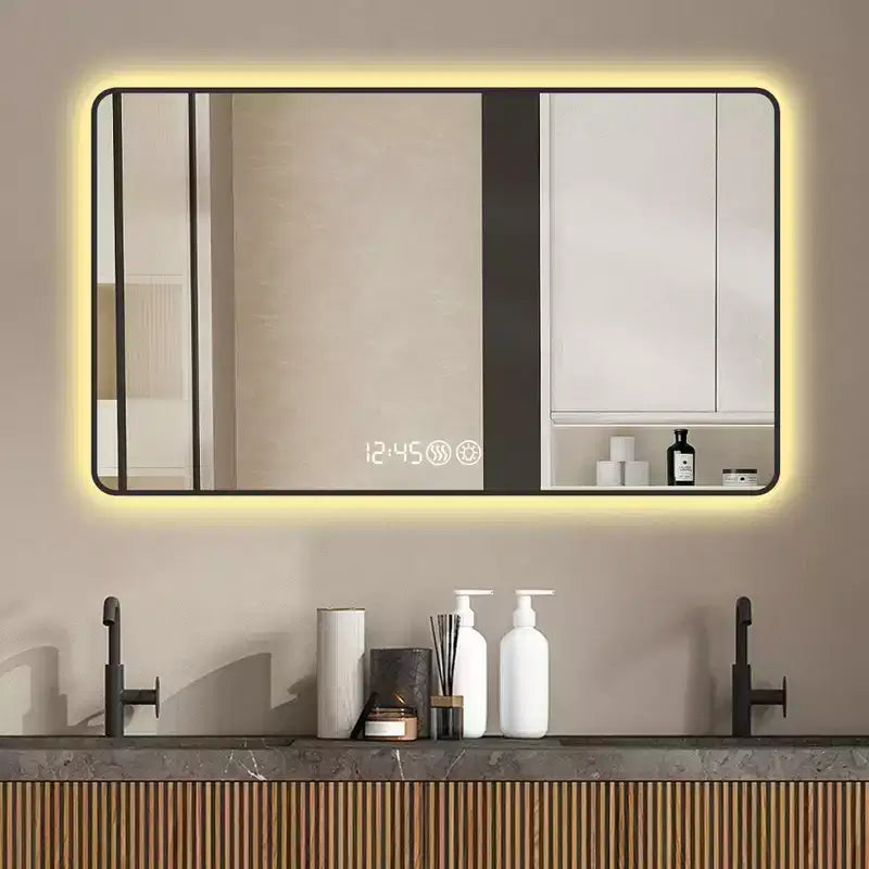 Specchio da Bagno a Parete Okak con Angoli Arrotondati, Specchio da Trucco Antiappannamento con Display della Temperatura, Specchio da Parete per Bagno