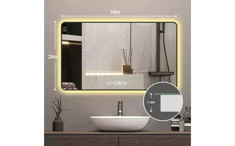 Specchio da Bagno a Parete Okak con Angoli Arrotondati, Specchio da Trucco Antiappannamento con Display della Temperatura, Specchio da Parete per Bagno