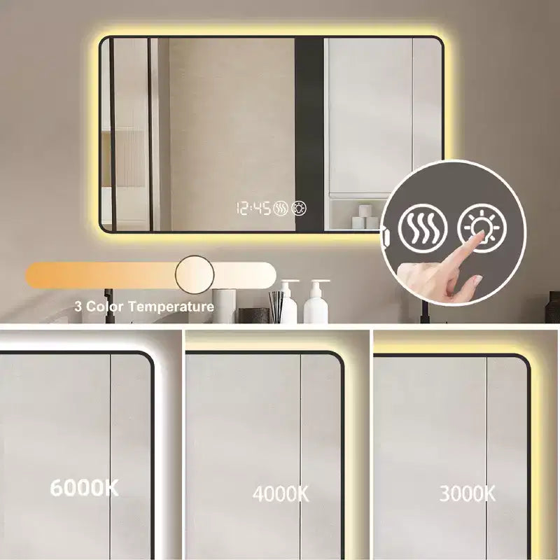 Specchio da Bagno a Parete Okak con Angoli Arrotondati, Specchio da Trucco Antiappannamento con Display della Temperatura, Specchio da Parete per Bagno