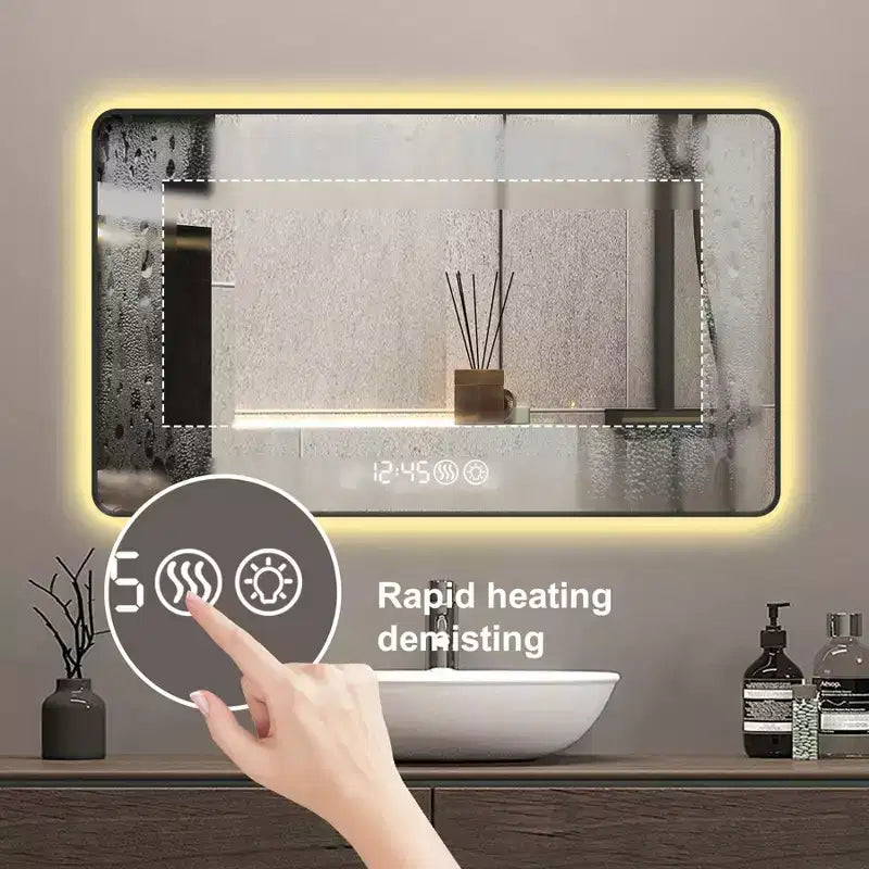 Specchio da Bagno a Parete Okak con Angoli Arrotondati, Specchio da Trucco Antiappannamento con Display della Temperatura, Specchio da Parete per Bagno