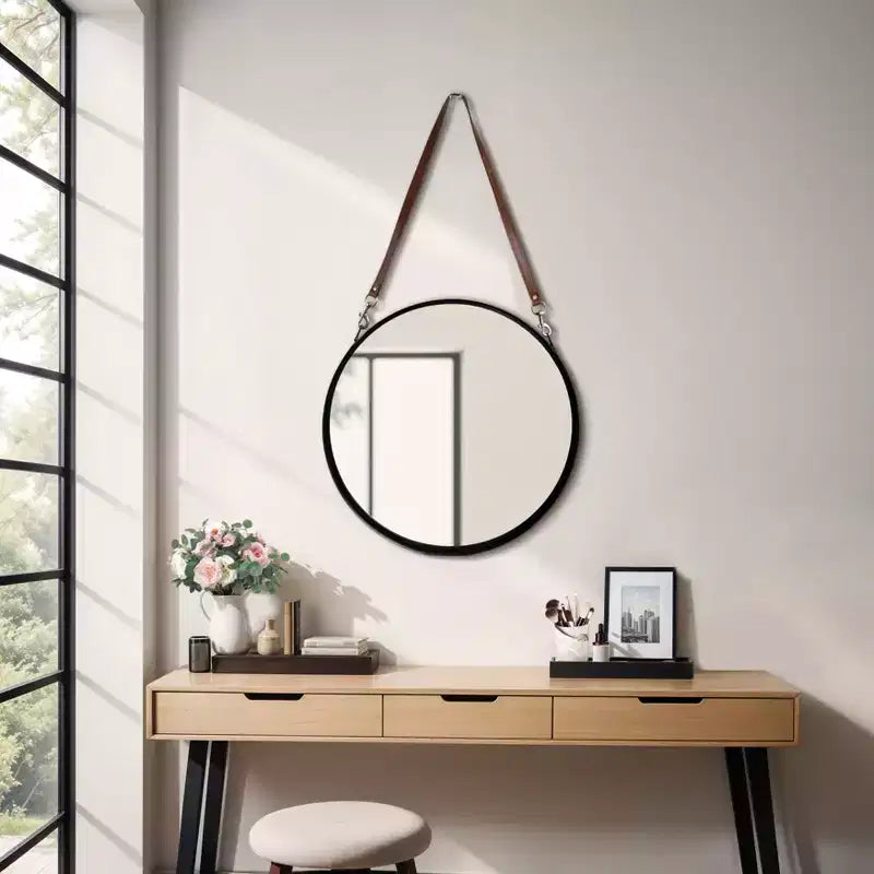 Round Wall Mirror with Hanging Strap - Metal Frame, Faux Leather Strap, Modern Home Decor for Bedroom, Living Room, Office - 3 Black