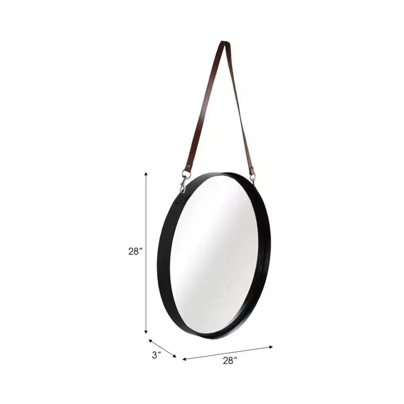 Specchio da parete rotondo con cinghia sospesa - Cornice in metallo, cinghia in ecopelle, decorazione moderna per camera da letto, soggiorno, ufficio - 3 neri