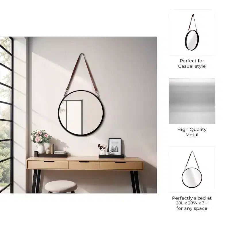 Specchio da parete rotondo con cinghia sospesa - Cornice in metallo, cinghia in ecopelle, decorazione moderna per camera da letto, soggiorno, ufficio - 3 neri