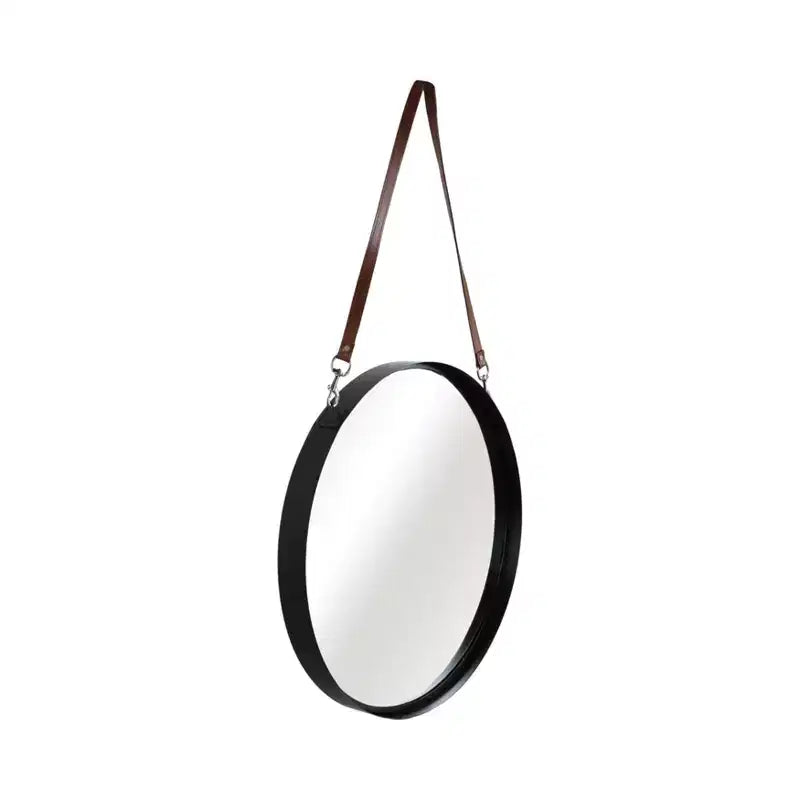 Specchio da parete rotondo con cinghia sospesa - Cornice in metallo, cinghia in ecopelle, decorazione moderna per camera da letto, soggiorno, ufficio - 3 neri