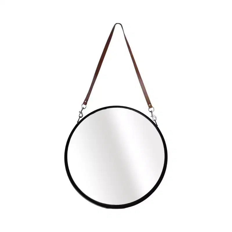 Specchio da parete rotondo con cinghia sospesa - Cornice in metallo, cinghia in ecopelle, decorazione moderna per camera da letto, soggiorno, ufficio - 3 neri