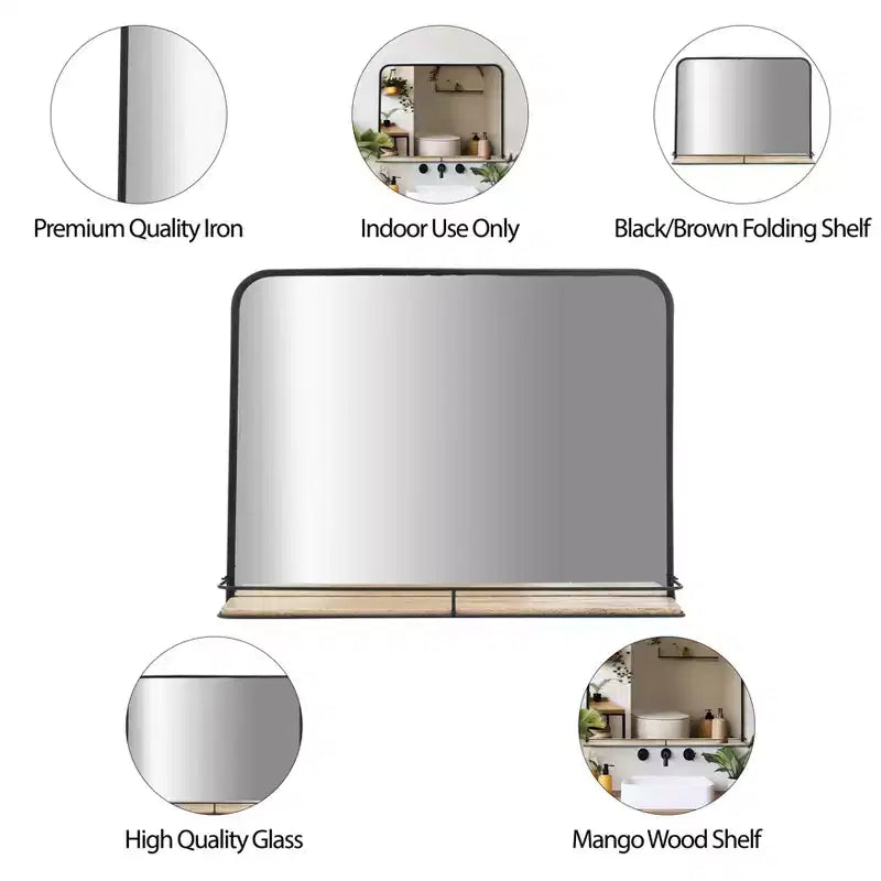 Specchio in metallo e vetro con mensola in legno di mango - Specchio da parete rettangolare moderno per bagno, camera da letto, soggiorno o ufficio