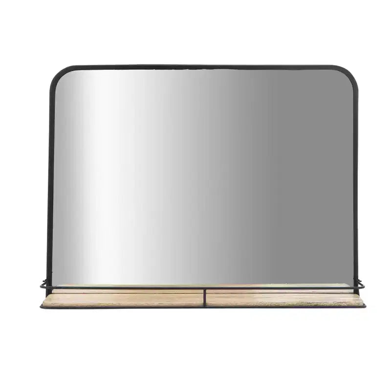Specchio in metallo e vetro con mensola in legno di mango - Specchio da parete rettangolare moderno per bagno, camera da letto, soggiorno o ufficio