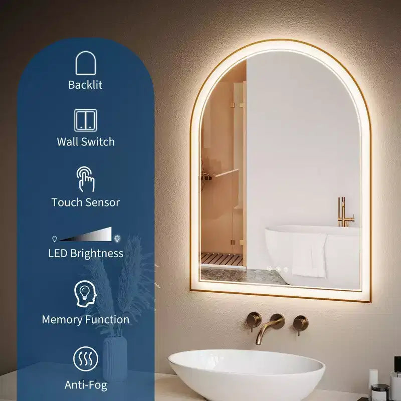 Specchio da Bagno Ad Arco Dorato GustoWave, Specchio da Trucco con Luci LED, Superficie Anti-Appannamento, 3 Temperature di Colore