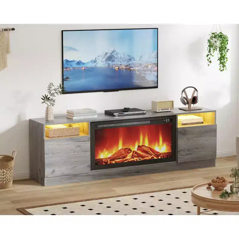 Mobile TV moderno con mobiletto contenitore per TV fino a 75", supporto TV moderno nero per soggiorno (camino non incluso)