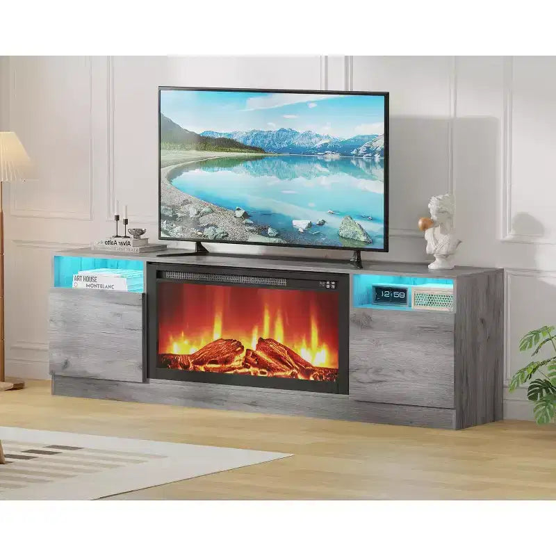 Mobile TV moderno con mobiletto contenitore per TV fino a 75", supporto TV moderno nero per soggiorno (camino non incluso)
