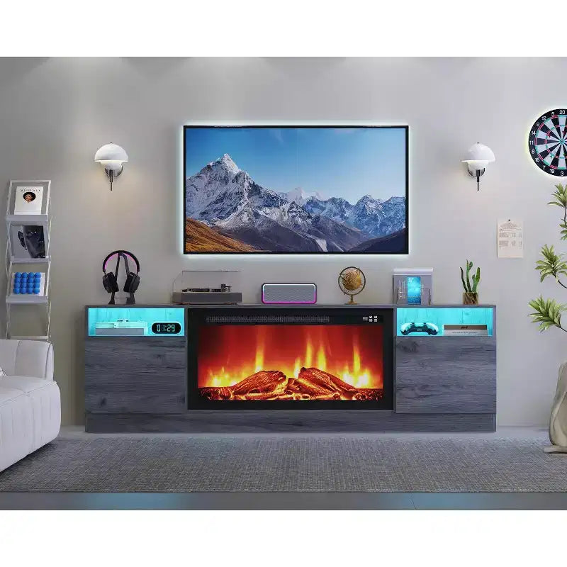 Mobile TV moderno con mobiletto contenitore per TV fino a 75", supporto TV moderno nero per soggiorno (camino non incluso)
