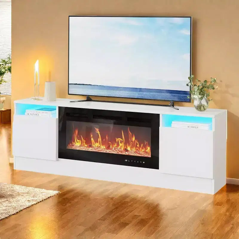 Mobile TV moderno con mobiletto contenitore per TV fino a 75", supporto TV moderno nero per soggiorno (camino non incluso)