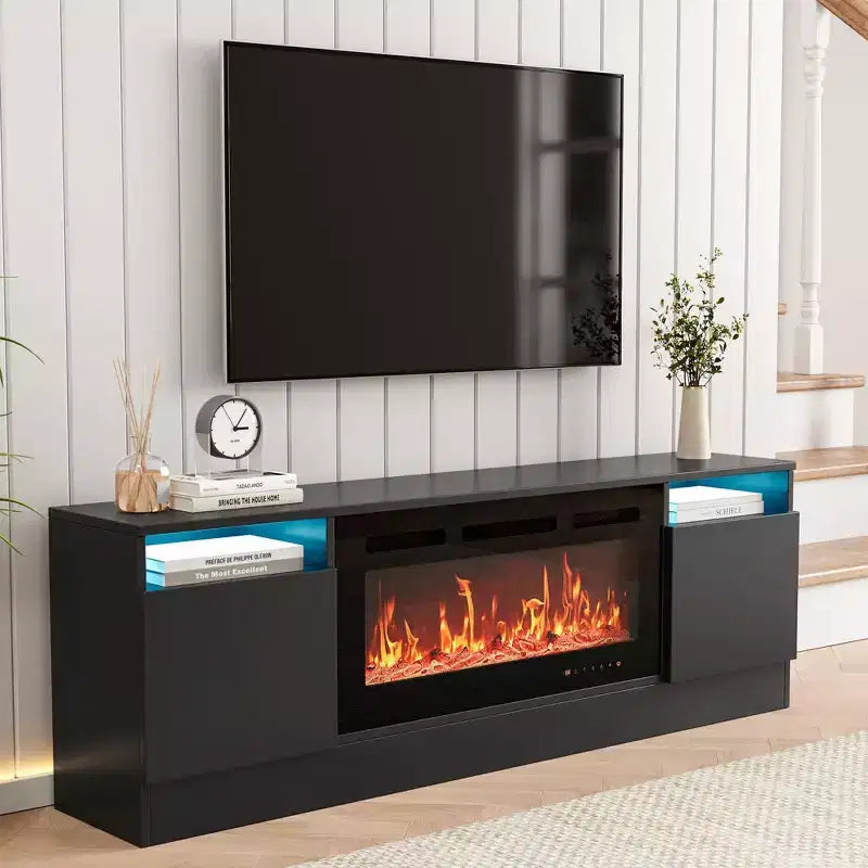 Mobile TV moderno con mobiletto contenitore per TV fino a 75", supporto TV moderno nero per soggiorno (camino non incluso)