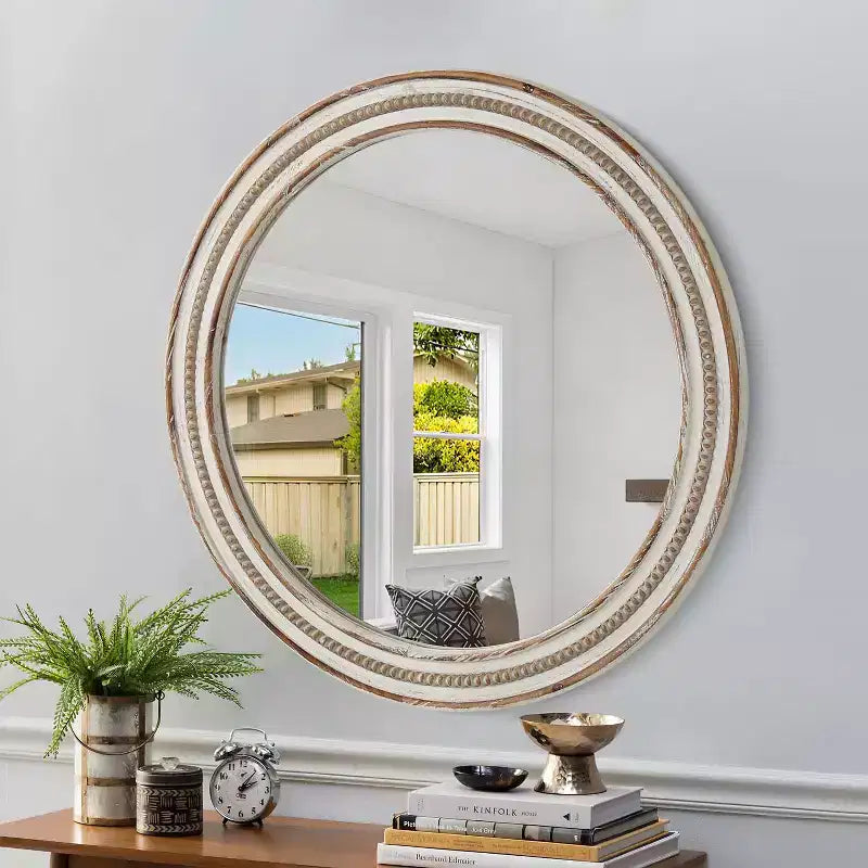 GDFStudio Cruz, Specchio da parete rotondo decorativo in legno stile rustico con perline
