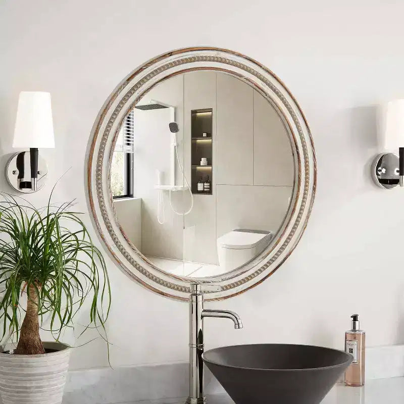 GDFStudio Cruz, Specchio da parete rotondo decorativo in legno stile rustico con perline
